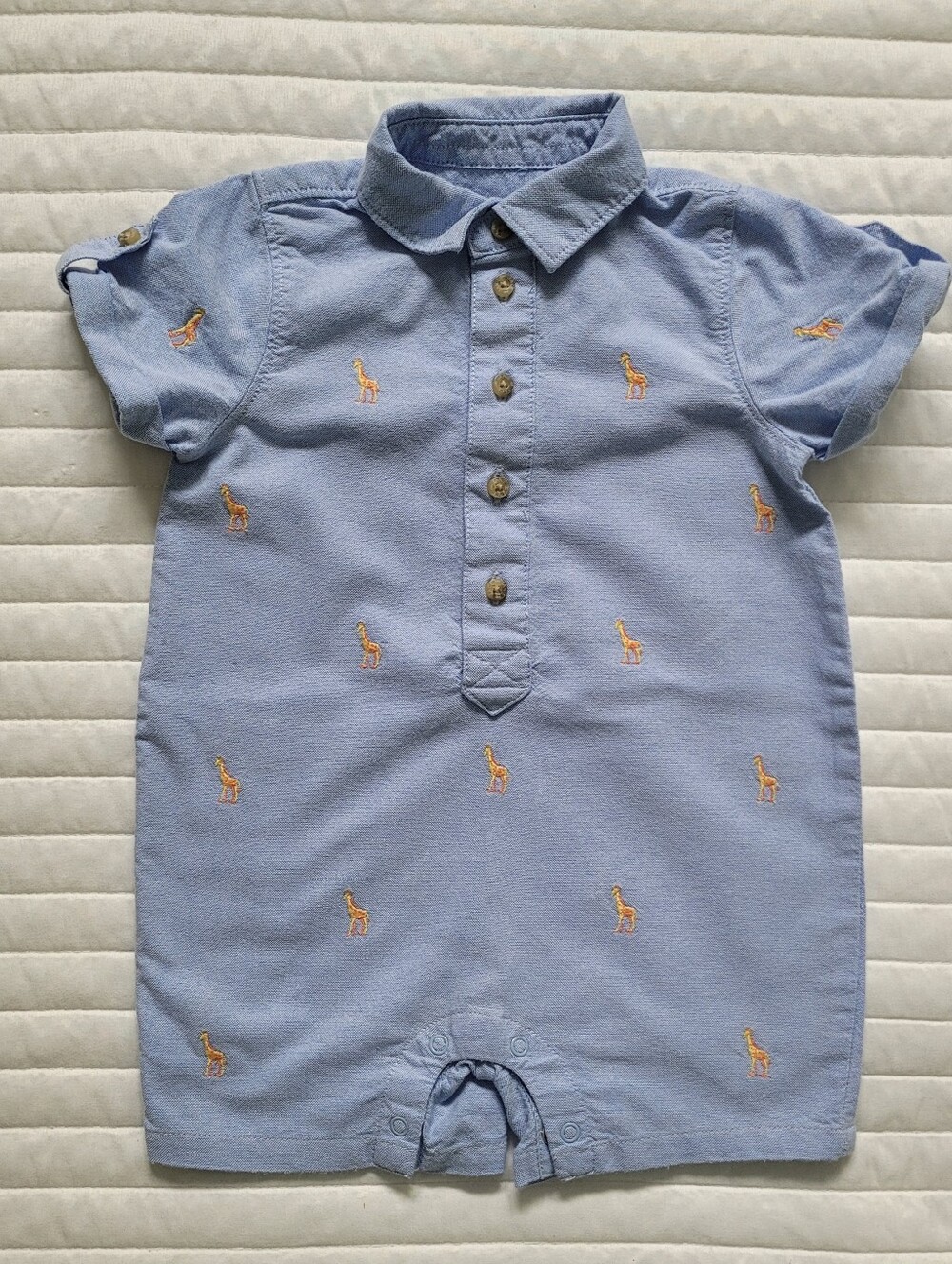 Janie and Jack Light Blue Romper with Giraffe Embroidery - Size 6-12 months